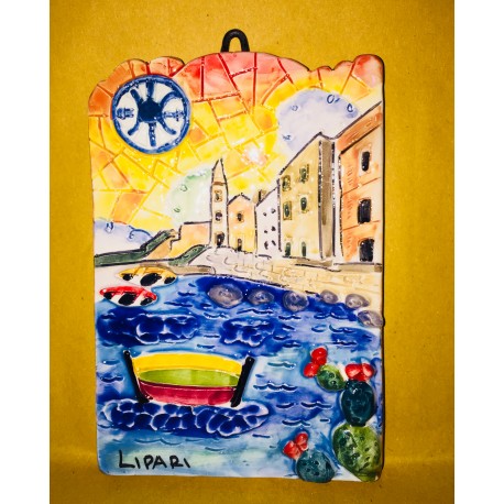 Mattonella Salita di San Giuseppe al tramonto e Simbolo di Lipari 15x10 cm