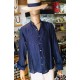 Camicia in lino blu, con colla alla coreana