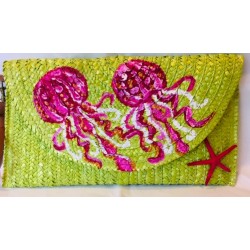 Borsa in rafia dipinta a mano con meduse e stella marina