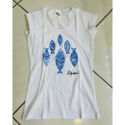 Maglietta donna bianca con pesci blu